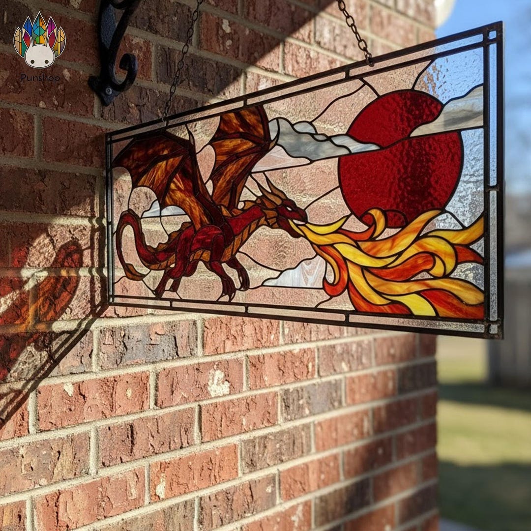 PUN869 Fire Dragon Stained Glass Pattern, Fantasy Window Panel PDF - Etsy