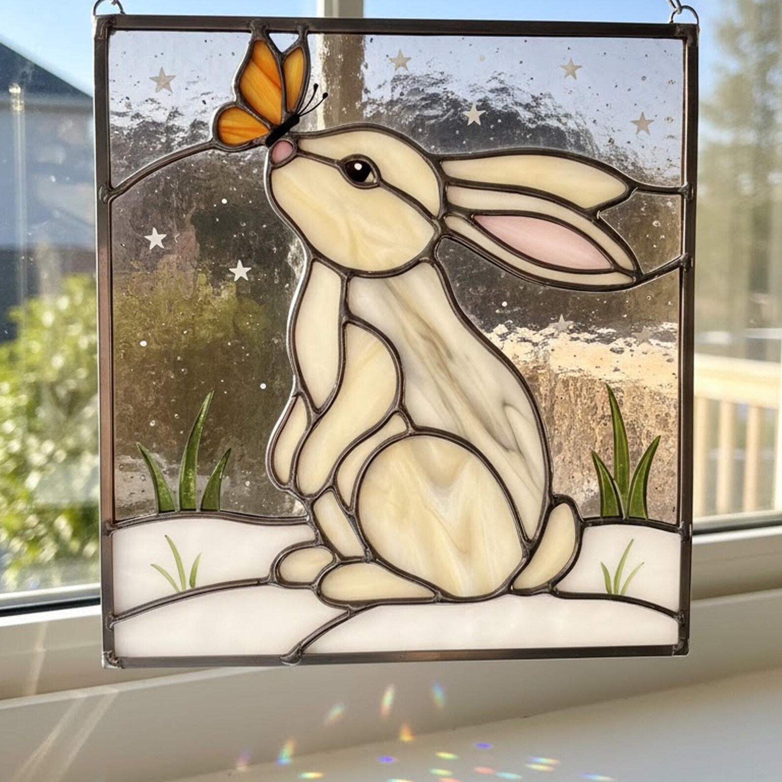 PUN824 Bunny Stained Glass Pattern, Rabbit With Butterfly Window Panel ...