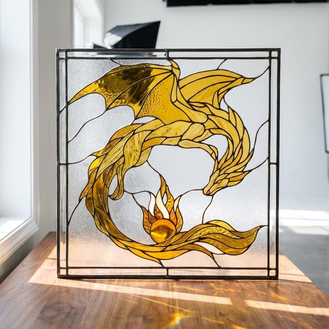 PUN1014 Dragon Stained Glass Pattern, Fantasy Window Panel SVG PNG PDF ...
