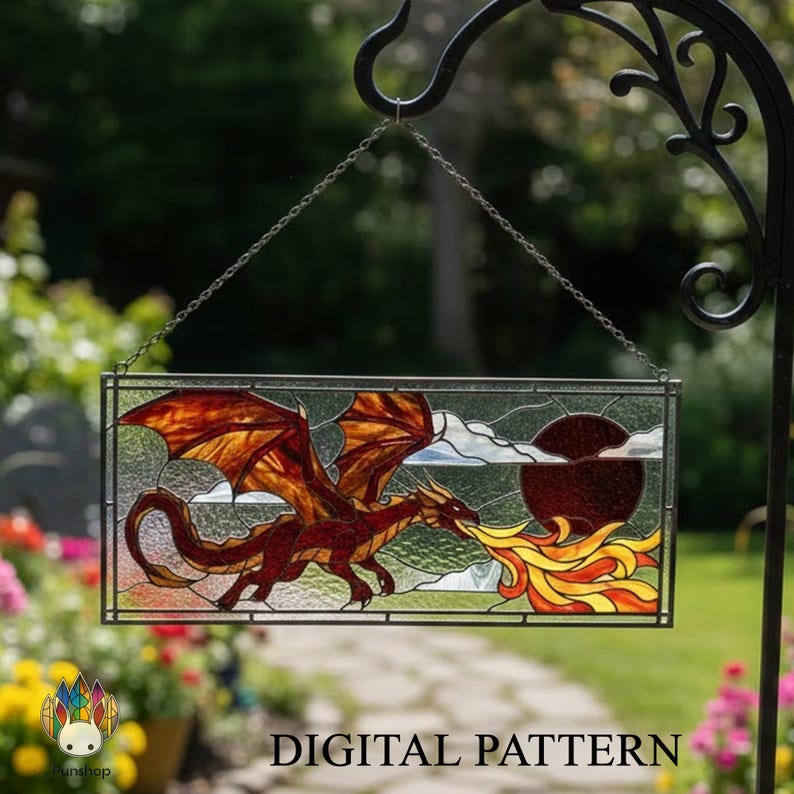 PUN869 Fire Dragon Stained Glass Pattern, Fantasy Window Panel PDF - Etsy