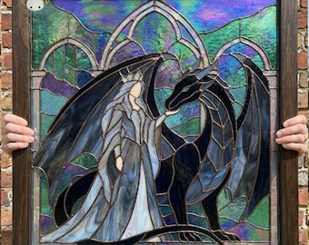 PUN1165 Patrón de vidriera de dragón, atrapasol de dragón de fantasía en PDF, panel de ventana gótico para descarga digital