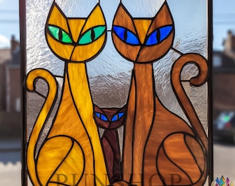 Patrón PUN581: Gato de vitral, plantilla de tres gatos, descarga digital, diseño de vitral DIY para amantes de los gatos, PDF imprimible
