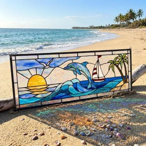 PUN1318 Dolphin Ocean Stained Glass Pattern, Beach Sunset PDF SVG PNG Window Template