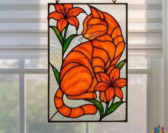 digital download pattern  NPUN350   Cat & Lily Blooms, Diy Stained Glass Easy Stained Glass Art Project - Flile - SVG - PNG - JPG