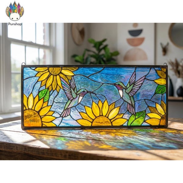 PUN948 Hummingbird and Sunflower Stained Glass Pattern, Nature Window Panel