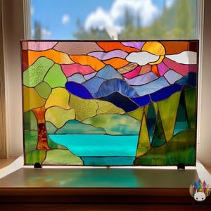 PUN605 Mönster för bergslandskap, sjö- och solnedgångsdesign, mall för naturfönsterpanel, gör-det-själv-glaskonst i PDF-format