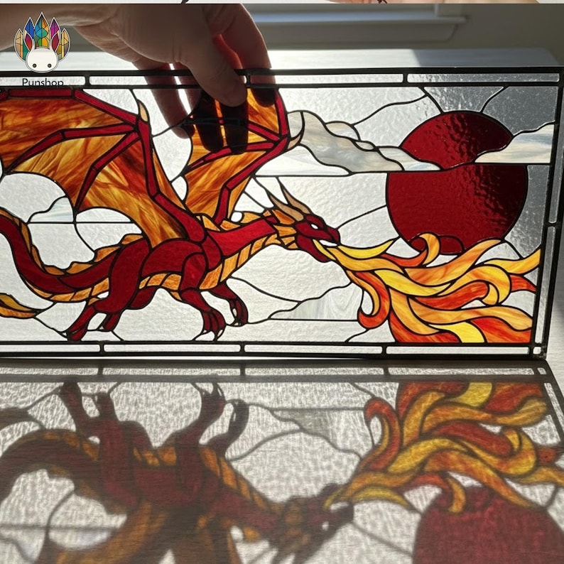 PUN869 Fire Dragon Stained Glass Pattern, Fantasy Window Panel PDF ...