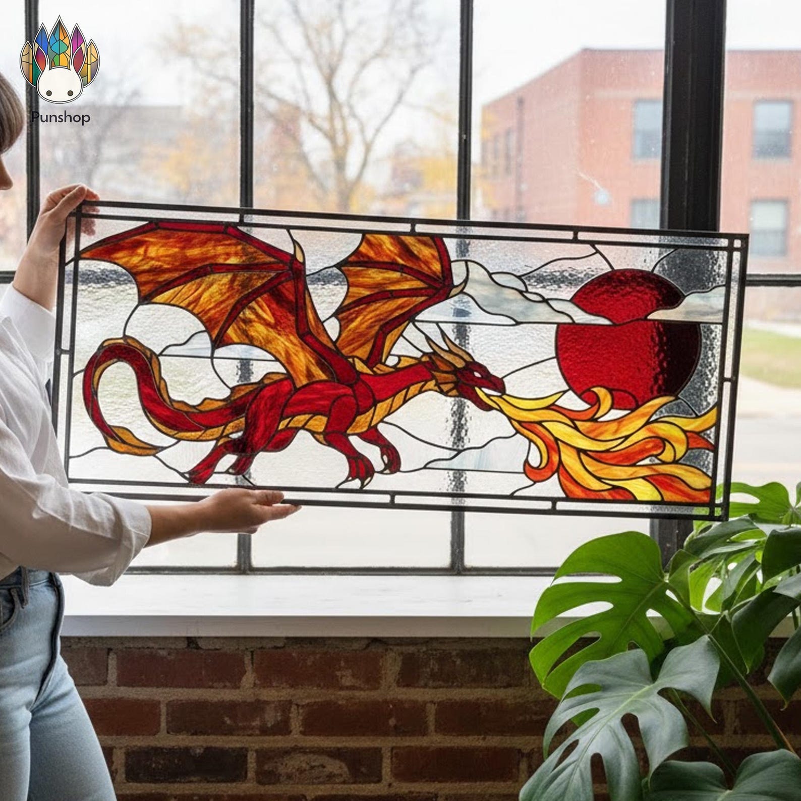 PUN869 Fire Dragon Stained Glass Pattern, Fantasy Window Panel PDF - Etsy