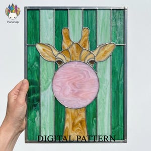 PUN1265 Funny Giraffe Stained Glass Pattern PDF SVG, Bubble Gum Animal Tiffany DIY