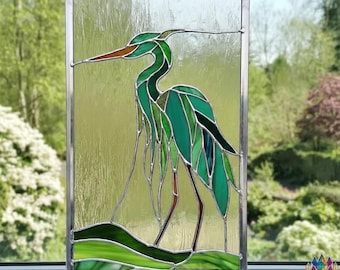 PUN723 Heron Stained Glass Window Panel, Coastal Bird Sun Catcher, Green Crane Glass Art, Nature Lover Gift