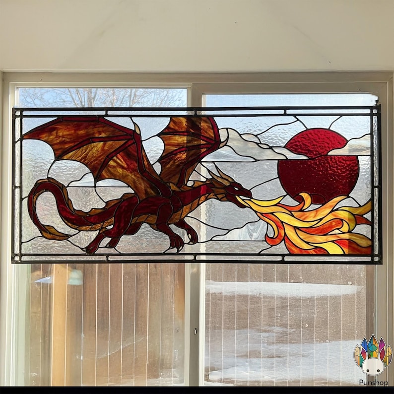 PUN869 Fire Dragon Stained Glass Pattern, Fantasy Window Panel PDF - Etsy