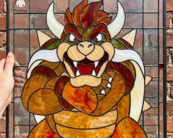 PUN1185 Bowser glas-in-loodpatroon pdf, Nintendo-schurk Suncatcher, raamkunst gamer