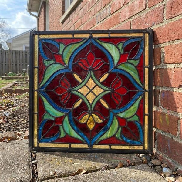 PUN1342 Art Nouveau Stained Glass Pattern, Geometric Floral Window Panel PDF SVG PNG Template