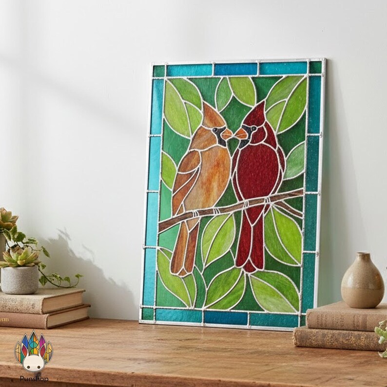 PUN778 Kissing Cardinals Pattern PDF, Stained Glass Birds Panel ...