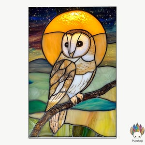 May include: A stained glass window featuring a barn owl perched on a branch, with a yellow moon behind it. The owl is brown and white with a yellow beak and black eyes. The moon is set against a dark blue sky with stars.