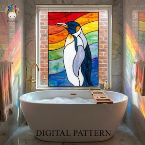 May include: A colourful stained glass window depicting a penguin against a rainbow backdrop. The window is set in a brick frame above a white bathtub. The text "DIGITAL PATTERN" is visible below.