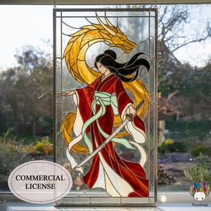 May include: Stained glass panel featuring a woman in a red kimono with a sword, and a golden dragon. The artwork has black hair and a green sash. The words "COMMERCIAL LICENSE" are in a white oval at the bottom left.