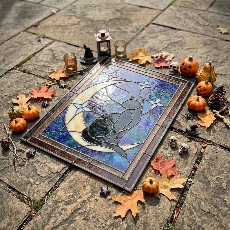 PUN1622 Black Cat Moon Stained Glass Pattern PDF, Celestial Suncatcher ...