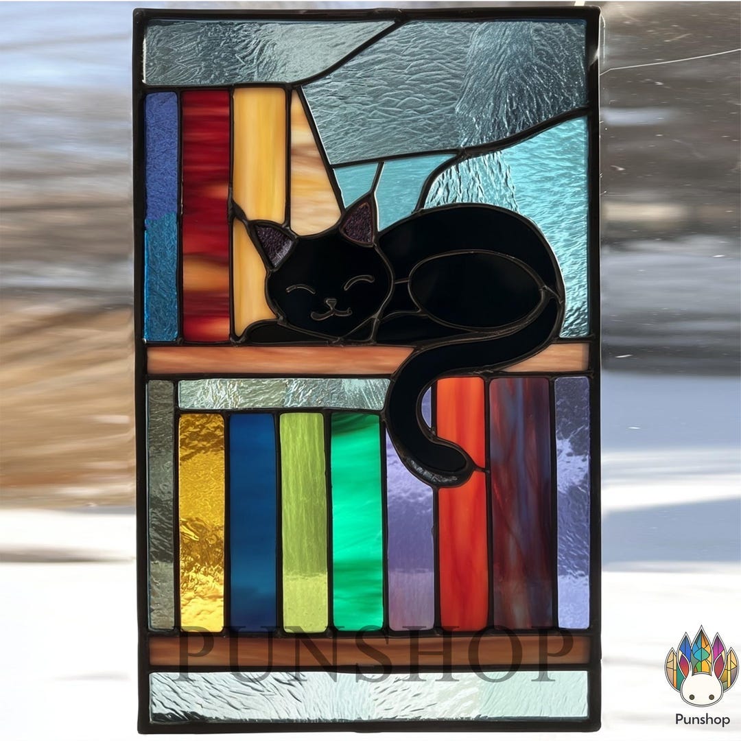 Pattern Stained Glass Cat and Books Pattern, Digital Download Template ...