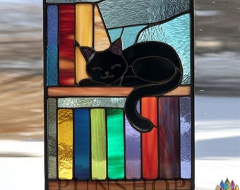 Patrón de vitral con gato y libros, plantilla de descarga digital, diseño de vitral DIY para amantes de los libros y los gatos (PDF.PUN582)
