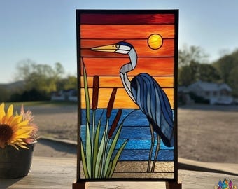 Pattern  PUN617 Heron Stained Glass Panel – Sunset Lake Bird Window Art, Handmade Nature Suncatcher Gift for Home or Cabin Decor