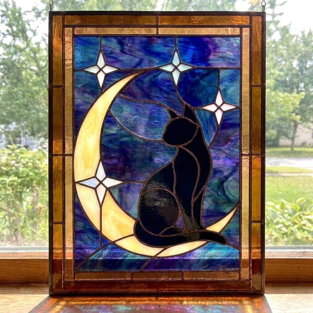 PUN1622 Black Cat Moon Stained Glass Pattern PDF, Celestial Suncatcher ...