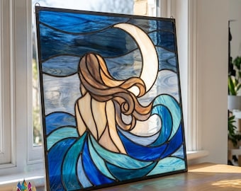 PUN1007 Mermaid Moon Stained Glass Pattern, Ocean Suncatcher SVG PNG PDF File