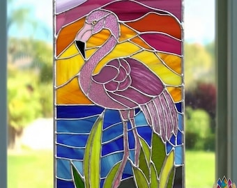 PUN727 DIY Stained Glass Flamingo Pattern, Tropical Sunset Bird Digital