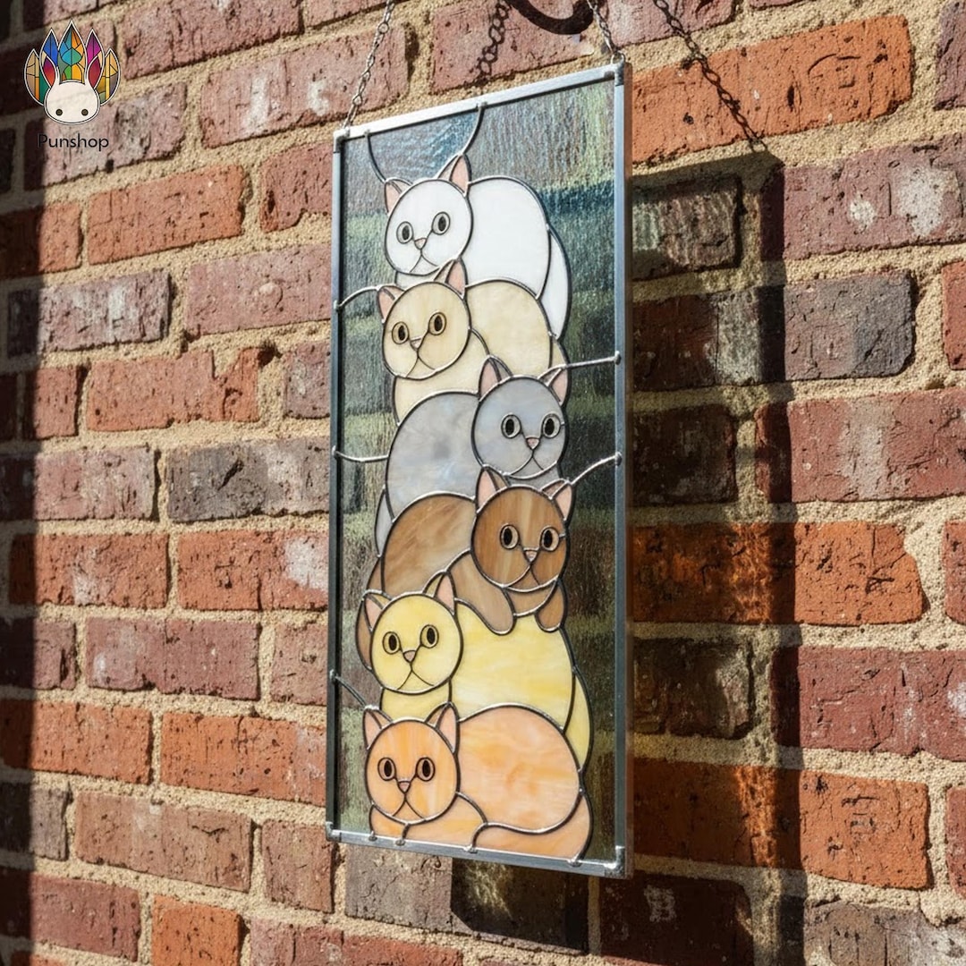 PUN884 Stained Glass Cat Panel Cute Stacked Cats Window Hanging Home ...
