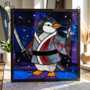 PUN922 Penguin Samurai Stained Glass Pattern PDF, Japanese Window Art