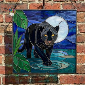 PUN974 Black Panther Stained Glass Pattern, Jungle Moonlight Window Suncatcher Art