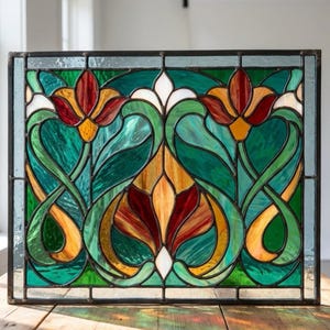May include: Stained glass panel with a floral design. The panel features red, yellow, and white flowers set against green and teal glass. The panel is framed in dark metal. Suitable for window or wall decor.