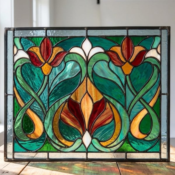PUN1027 Art Nouveau Floral Stained Glass Pattern, Vintage Green Panel SVG PNG PDF