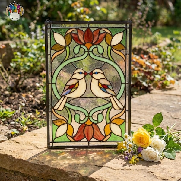 PUN1051 Love Birds Stained Glass Pattern SVG Floral Window Panel PNG JPG File