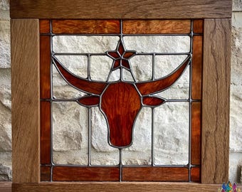 NPUN446 Texas Longhorn Stained Glass Panel with Star | Western Ranch Decor | Rustic Glass Art in Handmade Wood Frame  - SVG-PDF file