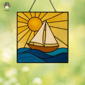 STAINED glass PATTERN, Sailing Stained Glass Panel Sailboat on the Sea DPUN32 , Diy Stained Glass Easy Stained Glass Art Project