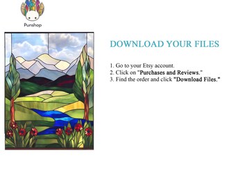 デジタルダウンロードパターンステンドグラス自然山風景PUN136、DIY