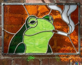 PUN977 Funny Frog Stained Glass Panel Smoking Design, Unique Window Art Pattern