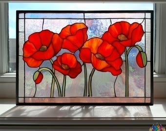 Digital Download PATTERNS  NPUN524 Stained Glass Red Poppy Panel – Floral Window Hanging Suncatcher
