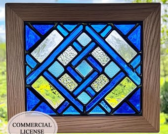 Digital download pattern Stained Glass Blue Diamonds Window Panel, Home Decor PUN251