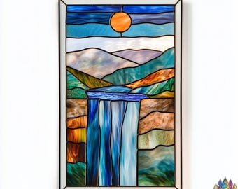 May include: A stained glass window depicting a waterfall cascading down a mountainside. The scene is set against a blue sky with a bright orange sun. The colors are vibrant and the details are intricate.
