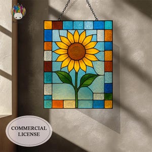 Téléchargement numérique sous licence commerciale MOTIFS vitrail panneau tournesol DPUN46, projet artistique facile vitrail bricolage