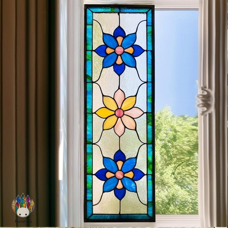 Digital PUN624 Stained Glass Floral Panel Pattern – Blue and Yellow ...