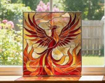 PUN766 Wzór witrażu Feniks, Wzór łapacza słońca z ognistym ptakiem, Cyfrowe pobieranie panelu okiennego w stylu mitycznym