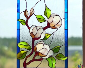 PUN714 Stained Glass Magnolia Design Pattern, White Flower Floral Panel Template for Glass Art Makers