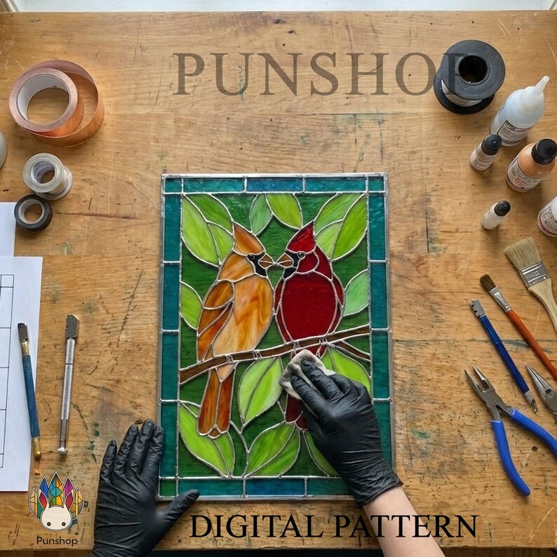 PUN778 Kissing Cardinals Pattern PDF, Stained Glass Birds Panel ...