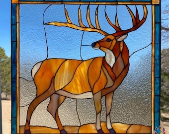 digitaal downloadpatroon PUN680 Deer Stained Glass – Majestueus dierenontwerp voor raampaneel, rustiek cabinedecor en doe-het-zelf glaskunstsjabloon
