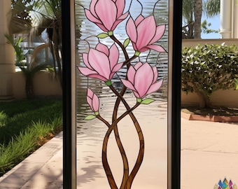 PUN698 Magnolia Stained Glass Pattern – Pink Flower Window Panel PDF Designn