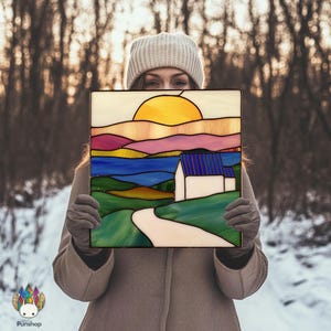 Digital Stained Glass Pattern artwork countryside scene PUN35  , Diy Stained Glass Easy Stained Glass Art Project