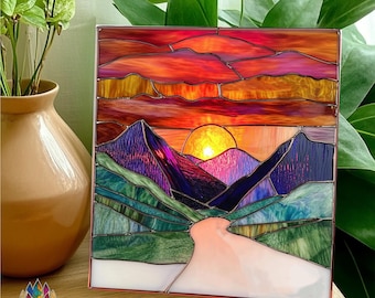 Pattern Mountain landscape  stained glass suncatcher PUN 01 , Diy Stained Glass Easy Stained Glass Art Project